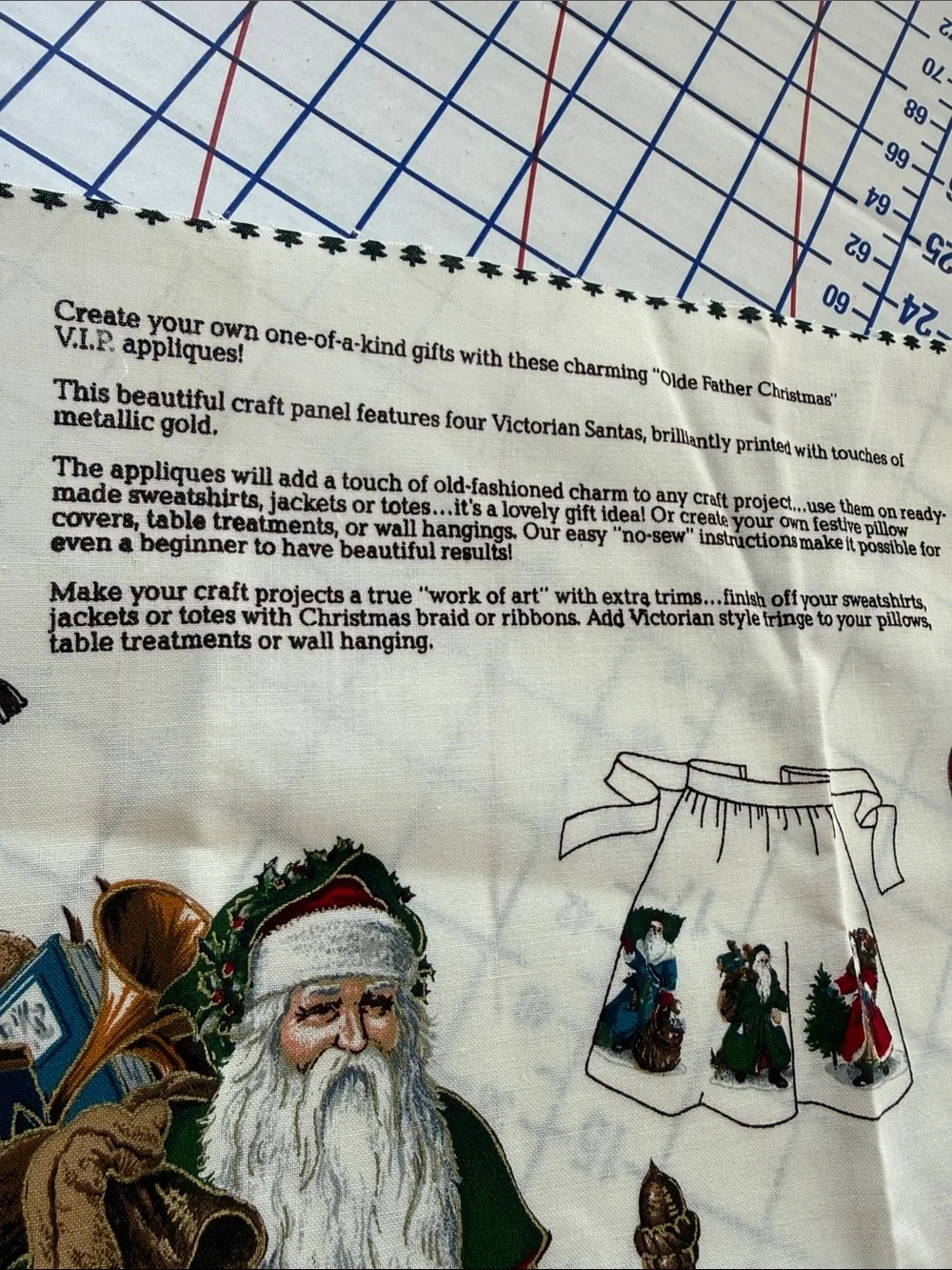 Vintage Olde Father Christmas Fabric Applique Panel Victorian Santa Uncut